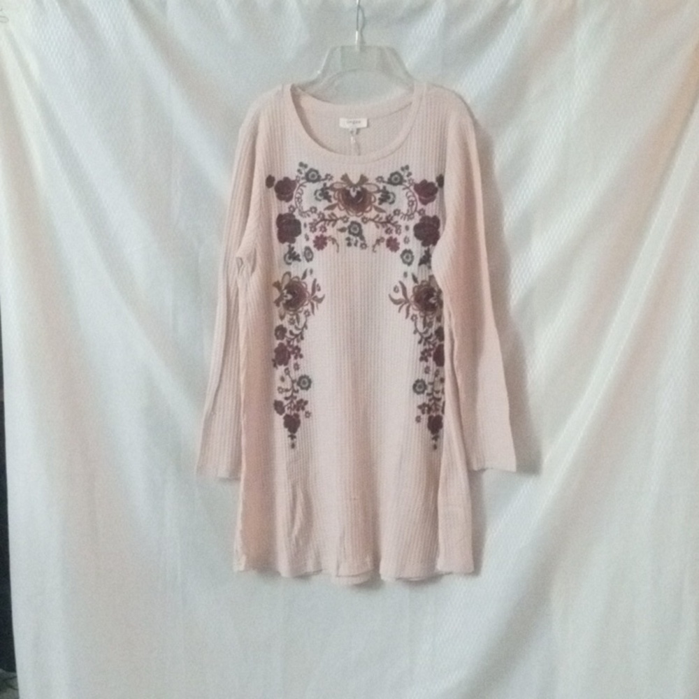 Umgee Long Sleeve Waffle Knit Floral Embroidered Dress  sz L Beige NWT